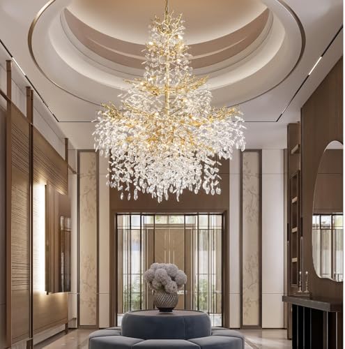 YUYI 65" Long Crystal Chandelier for High Ceiling, 27-Light Gold Tree Branch Chandelier, Large Chandeliers for High Ceilings, Staircase, Foyer, Entryway, Luxury K9 Crystal Raindrop Tiered Chandelier by YUYILIGHTING