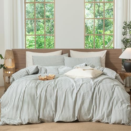MooMee Striped Duvet Cover Set 100% Washed Cotton Linen Like King by MOOMEE