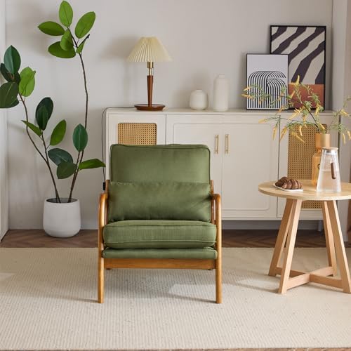 Bonnlo Dark Green Linen Mid Century Modern Accent Chair, Soild Wood Padding Lounge Armchairs Side Sitting Chairs for Living Room, Bedroom, Guest Room - Image 6