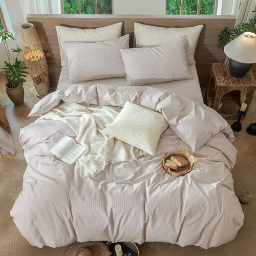 MooMee Striped Duvet Cover Set 100% Washed Cotton Linen Like Queen - Image 5