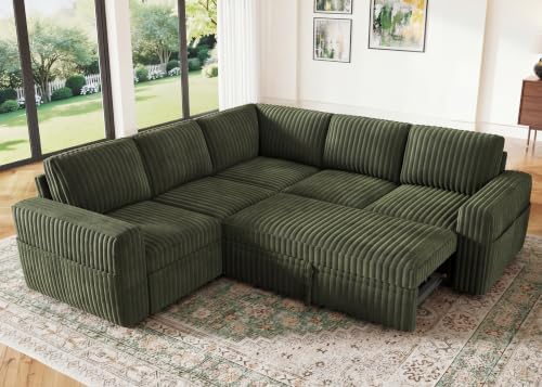 HONBAY Modular Sectional Sleeper Sofa with Pull Out Bed,Corduroy L Shaped Couch with Storage, Sectional Couches for Living Room,Green by HONBAY