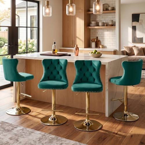 SoarFlash Velvet Bar Stool Set of 4, Adjustable Swivel Bar Stools with Gold Plated Metal Leg, Button Tufted, Footrest, Chrome Nailhead, Counter Height Chair for Kitchen, Bar, Dining Room (Green) by SoarFlash