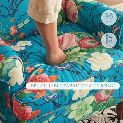 YOLENY Floral Accent Chair, High Back Upholstered Armchair with Solid Legs, Leisure Single Sofa Chair for Living Room, Bedroom, Home Office, Teal Floral - Image 6