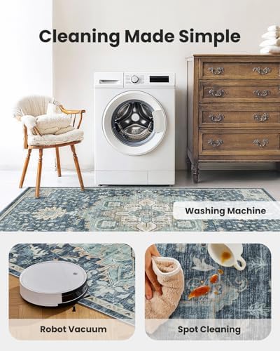 Amada 2x5 Washable Runner Rug for Kitchen, Blue/Yellow, Vintage Pattern - Image 5