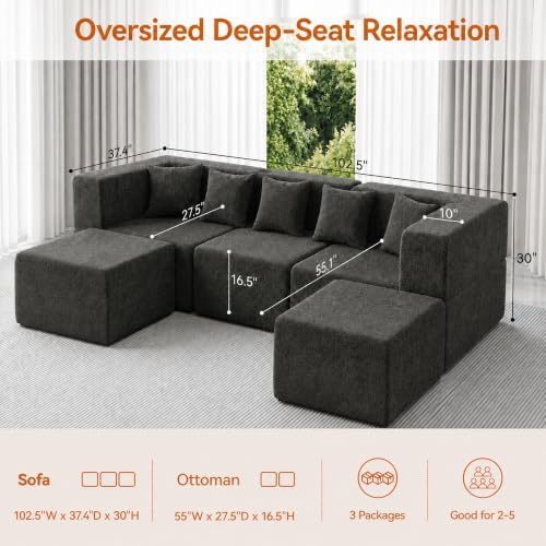 MONVANE 103" U-Shaped 5 Seat Modular Sectional Cloud Couch, Grey - Image 3