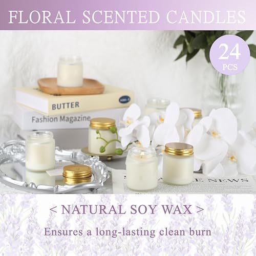 24 Pcs 4 Oz Mason Jar Candles, Lavender Scented Soy Candles Bulk Set for Stress Relief and Relaxation, Great Favors for Wedding, Christmas, Housewarming Gifts (Gold,Frosted Glass, Lavender, 24) - Image 3