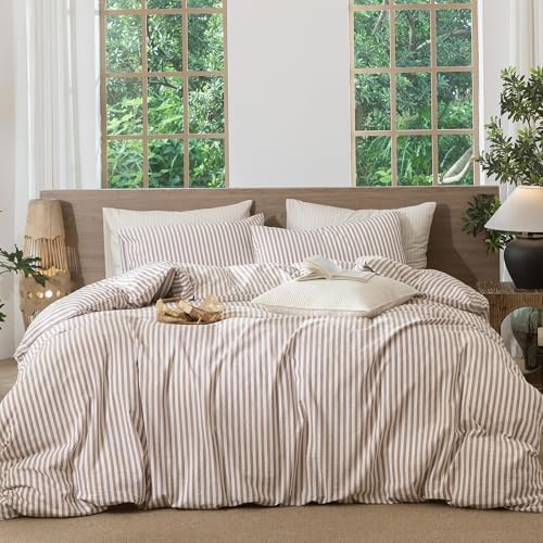 MooMee Striped Duvet Cover Set 100% Washed Cotton Linen Like King by MOOMEE