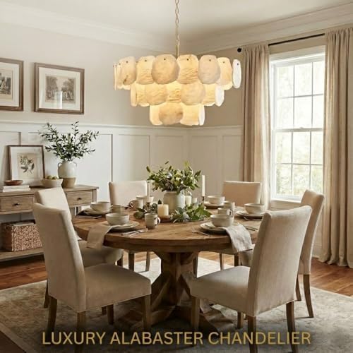 32″ Alabaster Chandelier, 16-Light Marble Round Chandelier, Modern Dining Room Chandeliers, 3 Tiers White & Brass Alabaster Chandeliers for Living Room Bedroom Bathroom Kitchen Foyer - Image 2