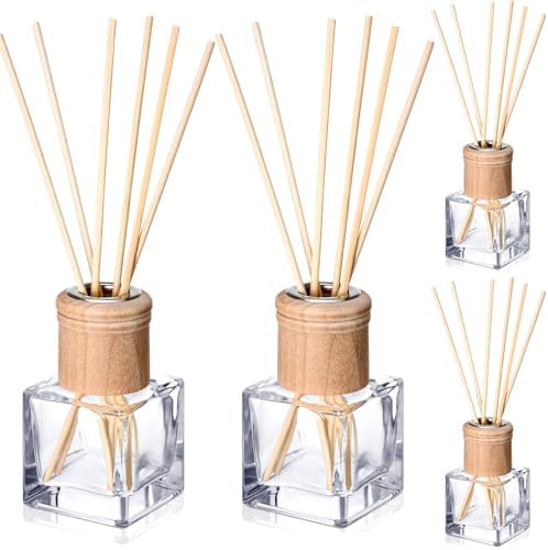 Roshtia 4 Set Reed Diffuser Bottles 50ml Glass Wooden Caps Rattan Sticks by Roshtia