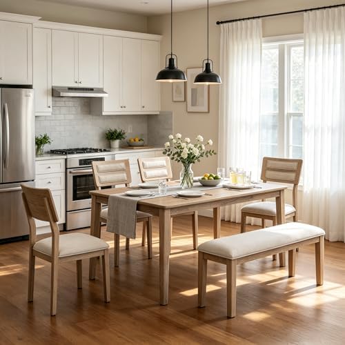 Merax 6-Piece Solid Wood Dining Table Set, Farmhouse Kitchen Table with Bench, 4 Upholstered Chairs, Rustic Dining Room Set for Kitchen, Dining Room, Living Room- Natural Wood Wash by Merax
