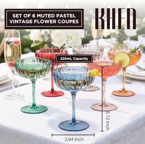 Khen Flower Modern Wavy Glass Coupes Martini, Champagne & Cocktail Coupes - Set of 6-7.7 oz Colorful Cocktail Glasses for Champagne, Prosecco, Mimosa - Copyright Design - Muted Pastel Colors - Image 2