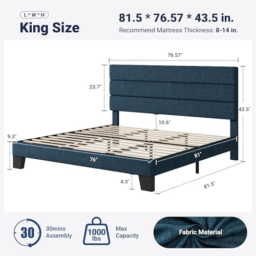 Allewie King Size Platform Bed Frame with Fabric Upholstered Headboard Blue - Image 2