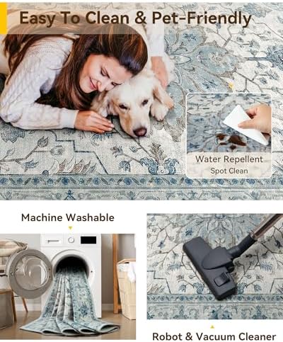 RELEANY Washable Area Rug, Large 10'x14', Blue/White/Gray - Image 5