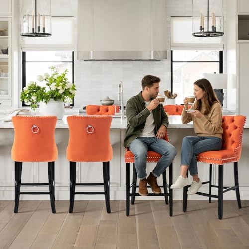 SoarFlash Modern Velvet Upholstered Bar Stools Set of 6 with Wood Legs, Button Tufted,Chrome Nailhead, Counterstool Seat, Armless Bar Chairs (Orange) - Image 4