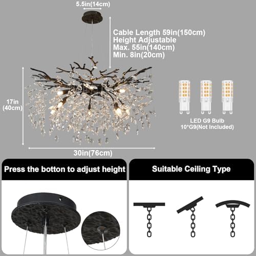 YUYI 30" Black Crystal Chandelier, 10-Light Tree Branch Chandelier for Dining Room, Luxury Round K9 Crystal Raindrop Chandeliers Light Fixture for Living Room Foyer Entryway Bedroom Kitchen - Image 3