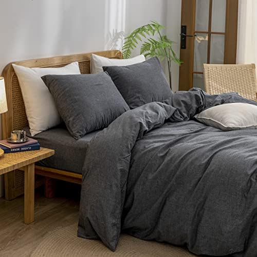 BESTOUCH Cotton Solid Duvet Cover Set Linen Feel Dark Black Queen - Image 2