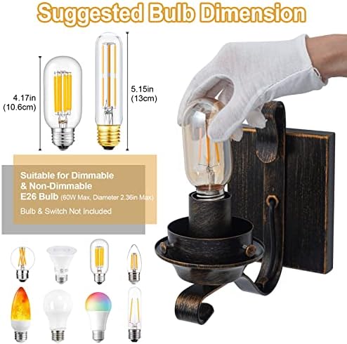 Yisuro Hardwired Wall Sconce,Oil Rubbed Bronze Hardwired Wall Sconce Indoor, Retro Rustic Wall Lamps with Amber Glass,Vintage Bedside Sconces Wall Lighting for Living Room Bathroom - Image 6