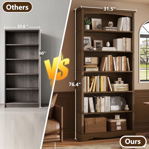 TVU 6-Tier Wooden Bookshelf, 76 Inch Tall Bookshelf with Storage, Floor Standing Modern Style Display Bookcase for Living Room, Office, Study Room, Entryway, Brown - Image 7
