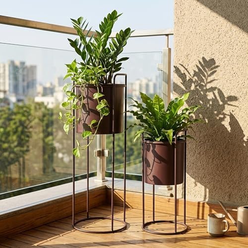 TRIROCKS Set of 2 Tall Metal Planters with Stands Metal Planter for Indoor Plants 28 &18" H Plant Pots for Living Room Corner Kitchen Office Garden Balcony Patio Decor(Brown) - Image 2