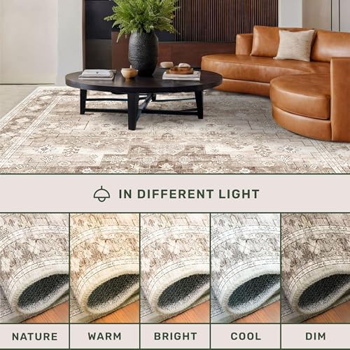 Washable Boho 6x8 Area Rug for Living Room - Vintage Beige Dining Room Rug Under the Table, Low Pile Non-Slip Rugs for Bedroom, Office - Charming Geometric Decor & Stain Resistance (6x8 Beige/Latte) - Image 6