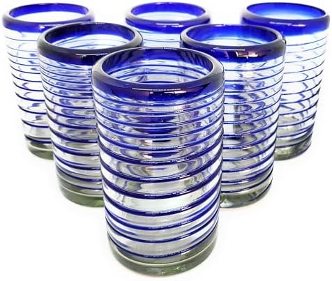 Cobalt Blue Spiral 14 oz Drinking Glasses (set of 6), Recycled Glass, Lead-free, Toxin-Free (Drinking) by MexHandcraft
