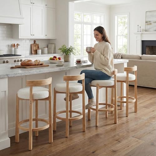 LukeAlon Mid Century Sherpa Bar Stools Set of 4, 30.25" Seat Height Upholstered Barstools with Wood Legs Modern Tall Bar Chair with Curved Low Back Round Footrest for Pub Home Kitchen Island, White by LukeAlon