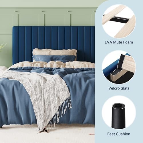Allewie Twin Bed Frame, Velvet Upholstered Platform Bed with Adjustable Vertical Channel Tufted Headboard, Mattress Foundation with Strong Wooden Slats, Box Spring Optional, Easy Assembly, Navy Blue - Image 7