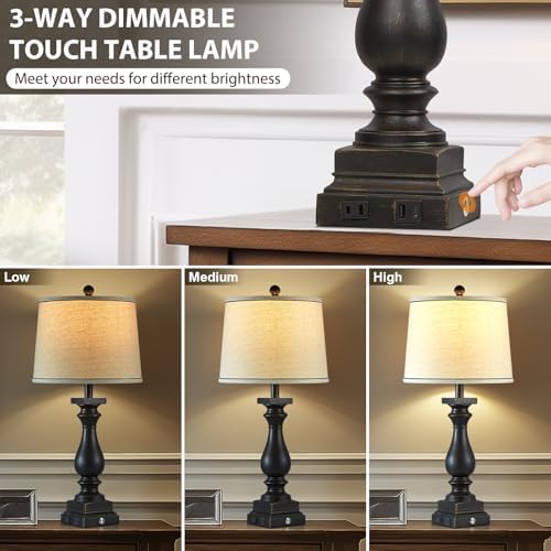 28" Tall Farmhouse Table Lamps Set of 2 with USB C+A Ports and AC Outlet, 3 Way Touch Control Rustic Bedside Lamp for Bedroom, Black Vintage Nightstand Lamp for Living Room Office - Image 3