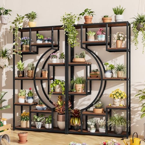 HolliWill 70.8" Tall Bookshelf Set of 2, 79" Wide Geometric Display Shelf with 18 Open Storage Shelves, Etagere Bookcase with Metal Frame – Anti-Tip & Adjustable Feet, Rustic Brown by WelcometoHolliWill