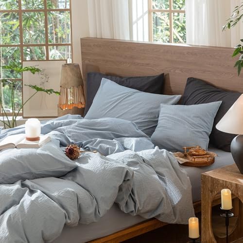 MooMee Wavy Striped Duvet Cover Set 100% Washed Cotton Linen Like Textured Breathable Durable Soft Comfy (Cornflower Blue, King 104"x90") - Image 4