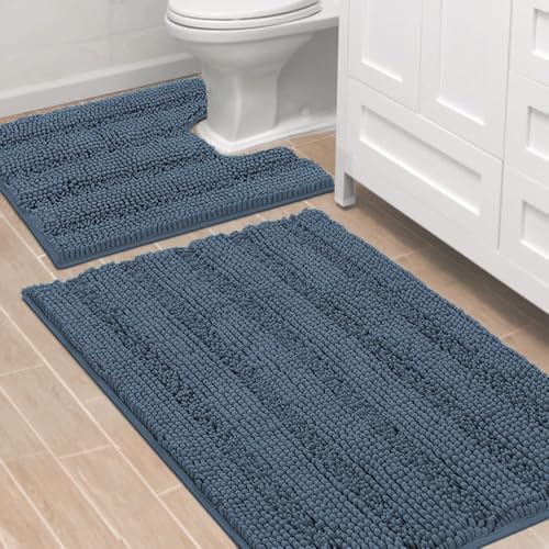 H.VERSAILTEX Bathroom Rug Sets 2 Piece Bath Mats Non Slip Thick Soft Chenille Striped Bath Rug achine Washable Shower Floor Rugs for Tub, Shower and Floor (Blue Indigo, 36"x24" Plus 20"x24" U) by HVERSAILTEX