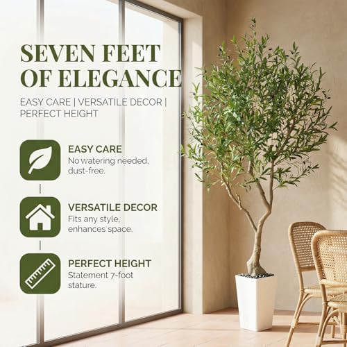 Olive Trees Artificial Indoor, 7FT Fake Plant in White Tall Planter - Image 3