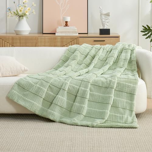 Amélie Home Luxury Striped Faux Fur Throw Blanket for Couch, Soft Cozy Fuzzy Fluffy Soft Plush Blankets Sofa Chair Gift Blankets for Women, 60"x80", Sage Green - Image 2