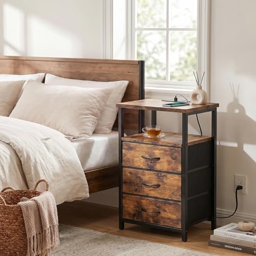 Fixwal Night Stand with Charging Station, 3 Fabric Drawers, Rustic Brown - Image 2
