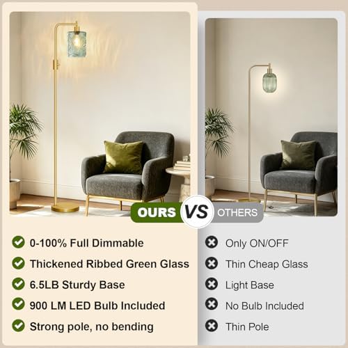 【Upgraded】 Dimmable Floor Lamp for Living Room with Green Feather Glass Lampshade, Gold Modern Floor Lamp with 900LM LED Bulb Included, Arc Standing Tall Lamp for Bedroom, Office, Reading Room, Corner - Image 2