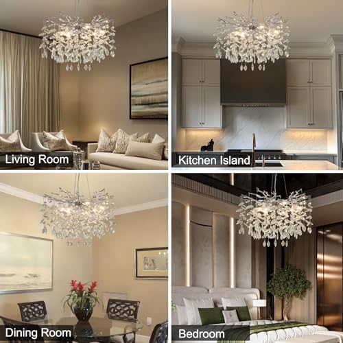 23.6" Silver Crystal Chandelier, 8-Light Modern Tree Branch Chandeliers, Round Chandelier for Dining Room, Living Room, Foyer, Entryway, Bedroom, Kitchen, Luxury K9 Crystal Raindrop Light Fixture - Image 3