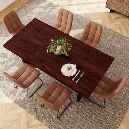 HIPIHOM 7-Piece Dining Table Set for 6, Walnut Table with 6 PU Brown Chairs - Image 7