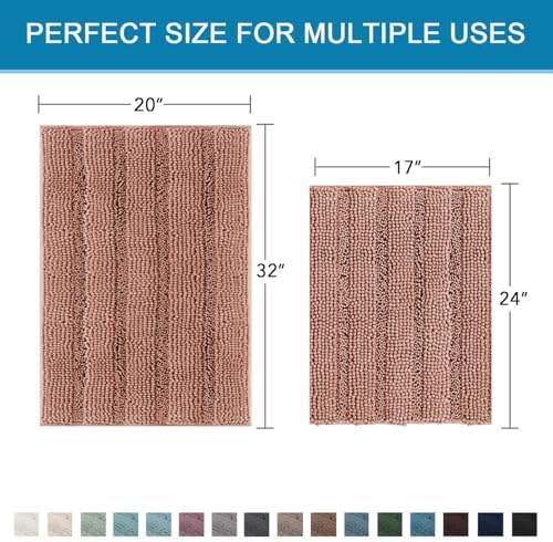 H.VERSAILTEX Bathroom Rug Set, 2 Piece Non Slip Thick Soft Chenille Striped Bath Mats, Muted Clay, 20" x 32"/17" x 24" - Image 2