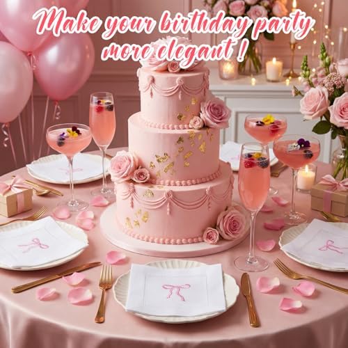 LemonRoad Embroidered White Linen Cocktail Napkin 6x6 inch Pink Bow Napkin Gift for Women Set of 12 Cloth Cocktail Washable Linen Hemstitch for Wedding,Birthday Bachelorette Pink Bow Themed Party - Image 5