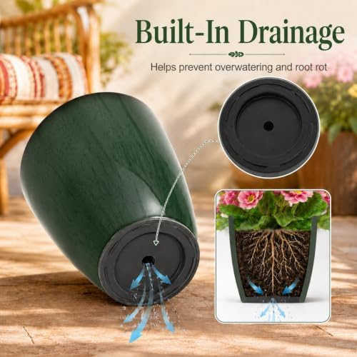 Neoaider Set of 3 Tall Planter, 24/21/12in Large Plastic Planter, DarkGreen - Image 6
