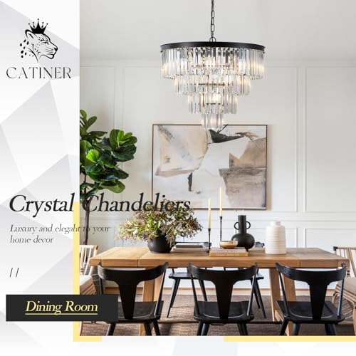 CATINER 24" Modern Crystal Chandeliers,12-Light Black Round Light Fixture - Image 4
