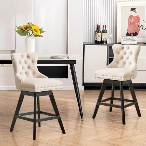 SoarFlash Kitchen Swivel Bar Stools with Solid Wood Legs Upholstered Counter Stools Set of 2, Beige - Image 5