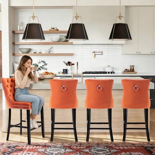 SoarFlash Modern Velvet Upholstered Bar Stools Set of 4 with Wood Legs, Button Tufted,Chrome Nailhead, Counterstool Seat, Armless Bar Chairs (Orange) - Image 5