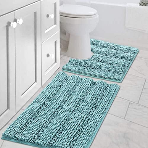 H.VERSAILTEX Bathroom Rugs Set 2 Piece Bathroom Contour Rug Toilet Mat Sets, Non Slip, Contou,r Ultra Thick, Water Absorbent, Striped Bath Rug, Washable(20" x 32" Plus 20" x 20" U, Aqua Haze) by HVERSAILTEX