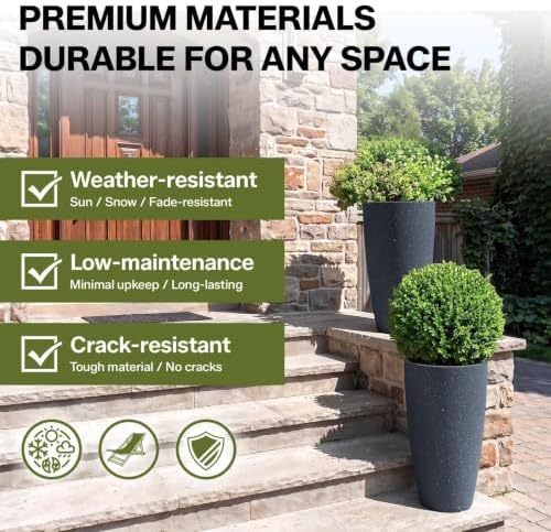 ZMTECH 2-Pack Large Tall Planters with Saucer - 6.8 Gallons /12x21 Inch Faux Stone Finish Round Flower Pots for Indoor Plants, Outdoor Patio & Porch Decor, Unbreakable Plant Containers (Dark Gray) - Image 5