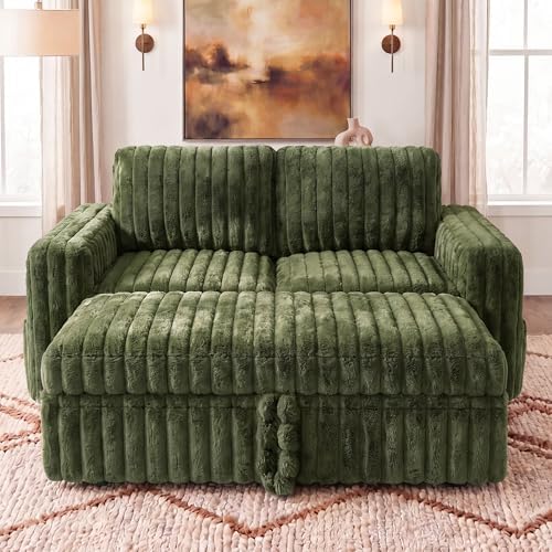 HONBAY Plush Corduroy Loveseat Sleeper Sofa,Modular Pull Out Sofa Bed,Couches for Living Room,Plush Green - Image 3