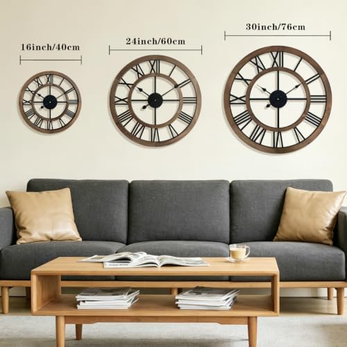 24 Inch Large Rustic Wall Clock Silent Non-Ticking Wooden Wall Clocks with Roman Numerals Farmhouse Decorative Clock for Living Room Bedroom Office (Brow) - Image 3
