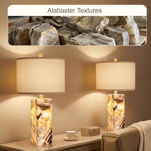 Scenekoy 23" Alabaster Table Lamps Set of 2 with Night Light for Bedroom - Image 6