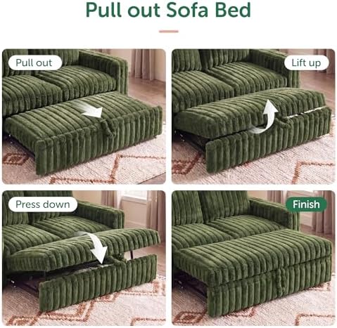 HONBAY Plush Corduroy Loveseat Sleeper Sofa,Modular Pull Out Sofa Bed,Couches for Living Room,Plush Green - Image 4