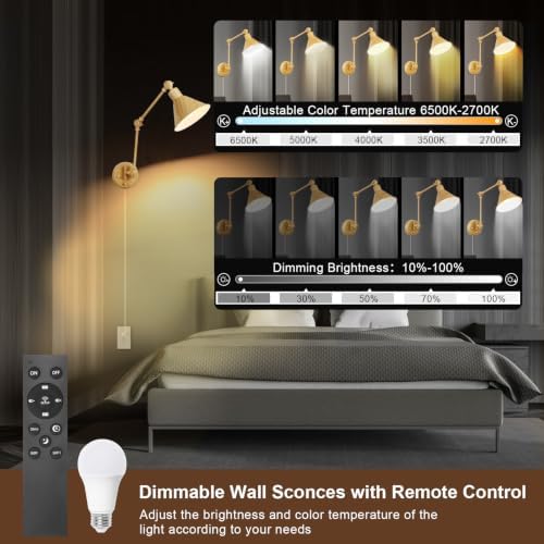 TRLIFE Dimmable Wall Sconce, Remote Control Plug in Wall Sconce Dimming 10%-100% and Adjustable Color Temperature 2700K-6000K, Swing Arm Wall Lights with Plug in Cord, UL Listed(2 Pack, Oak Color) - Image 2